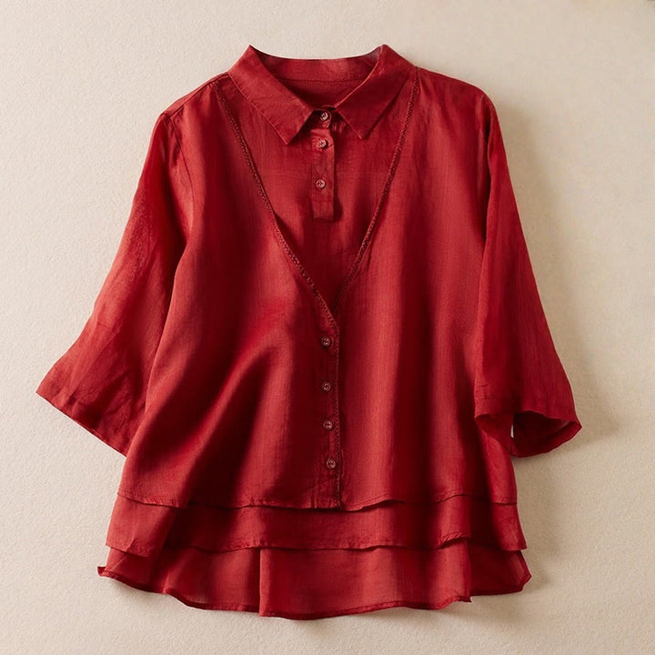 Chemise en coton et lin pour femme, style rétro uni, avec boutons et manches mi-longues, motif Buddha Stones - Cramoisi - US12，UK/AU16，EU44 (2XL) - image 8