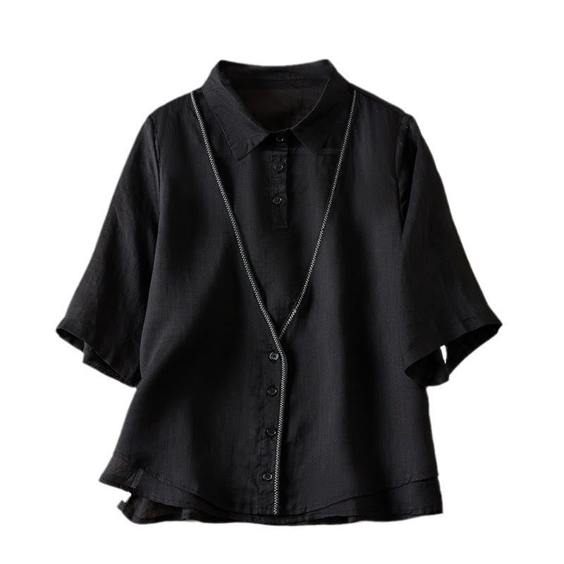 Chemise en coton et lin pour femme, style rétro uni, avec boutons et manches mi-longues, motif Buddha Stones - image 34