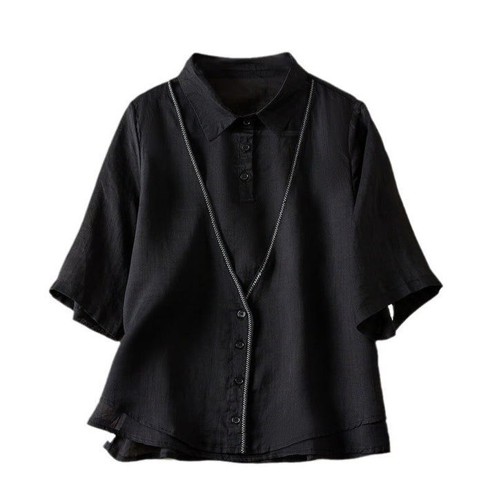 Chemise en coton et lin pour femme, style rétro uni, avec boutons et manches mi-longues, motif Buddha Stones - image 34