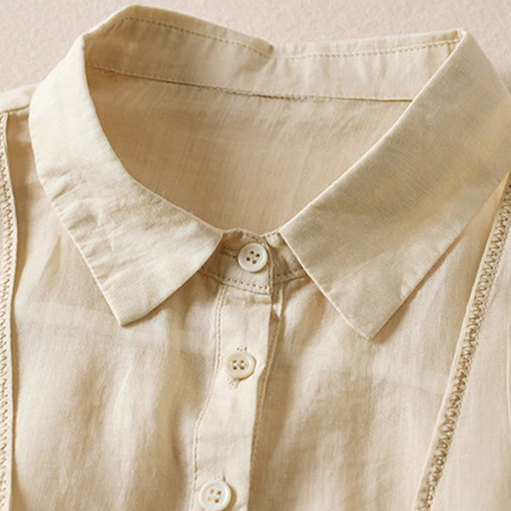 Chemise en coton et lin pour femme, style rétro uni, avec boutons et manches mi-longues, motif Buddha Stones - image 38