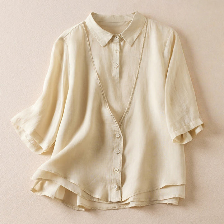 Chemise en coton et lin pour femme, style rétro uni, avec boutons et manches mi-longues, motif Buddha Stones - Beige - US12，UK/AU16，EU44 (2XL) - image 35