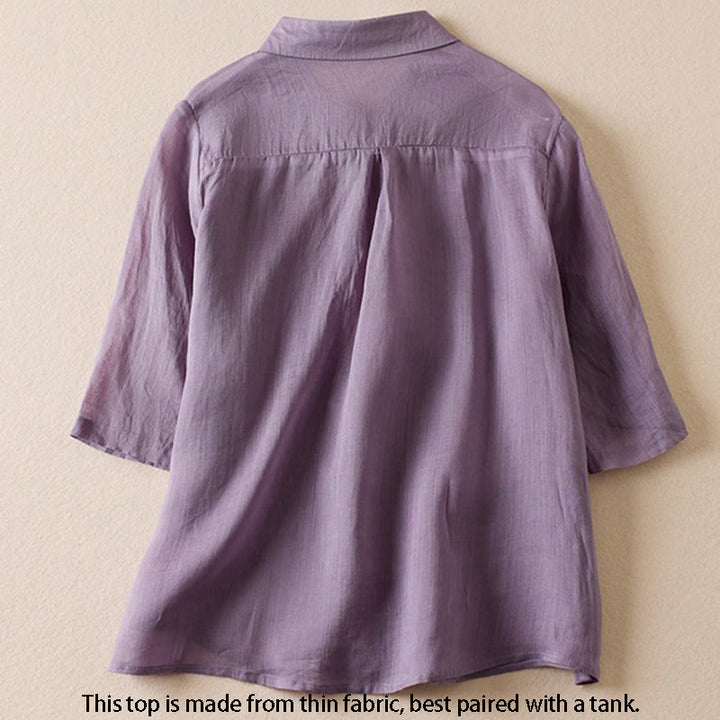 Chemise en coton et lin pour femme, style rétro uni, avec boutons et manches mi-longues, motif Buddha Stones - image 2
