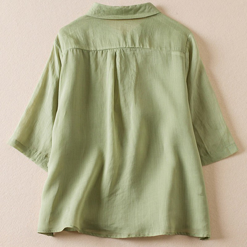 Chemise en coton et lin pour femme, style rétro uni, avec boutons et manches mi-longues, motif Buddha Stones - image 19