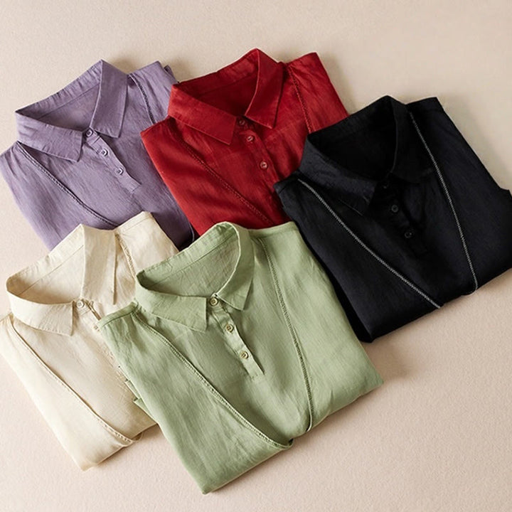 Chemise en coton et lin pour femme, style rétro uni, avec boutons et manches mi-longues, motif Buddha Stones - image 44