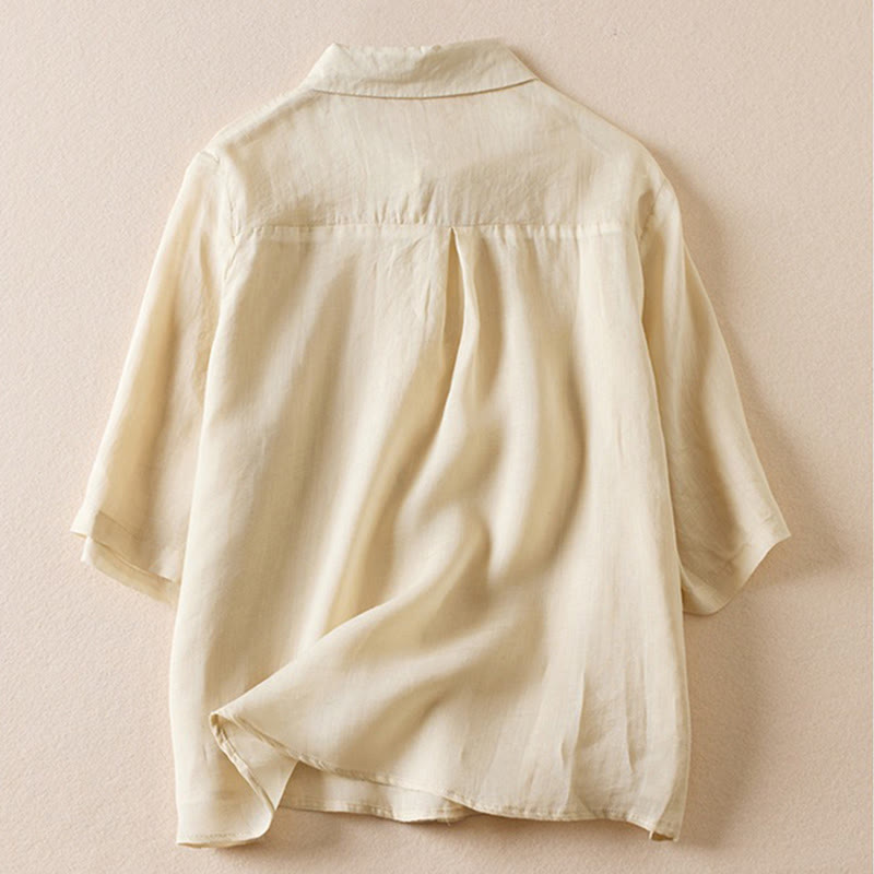 Chemise en coton et lin pour femme, style rétro uni, avec boutons et manches mi-longues, motif Buddha Stones - image 36