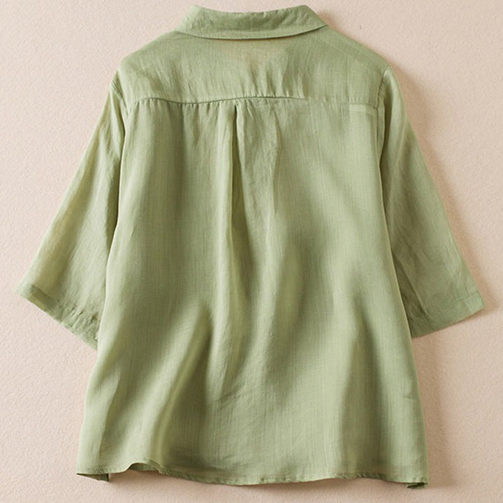 Chemise en coton et lin pour femme, style rétro uni, avec boutons et manches mi-longues, motif Buddha Stones - image 20