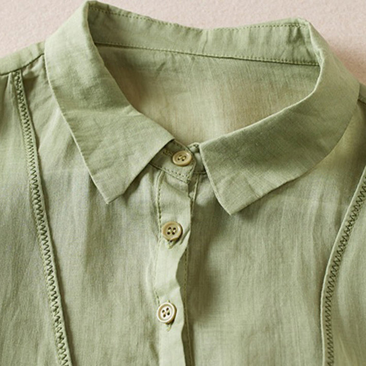 Chemise en coton et lin pour femme, style rétro uni, avec boutons et manches mi-longues, motif Buddha Stones - image 21