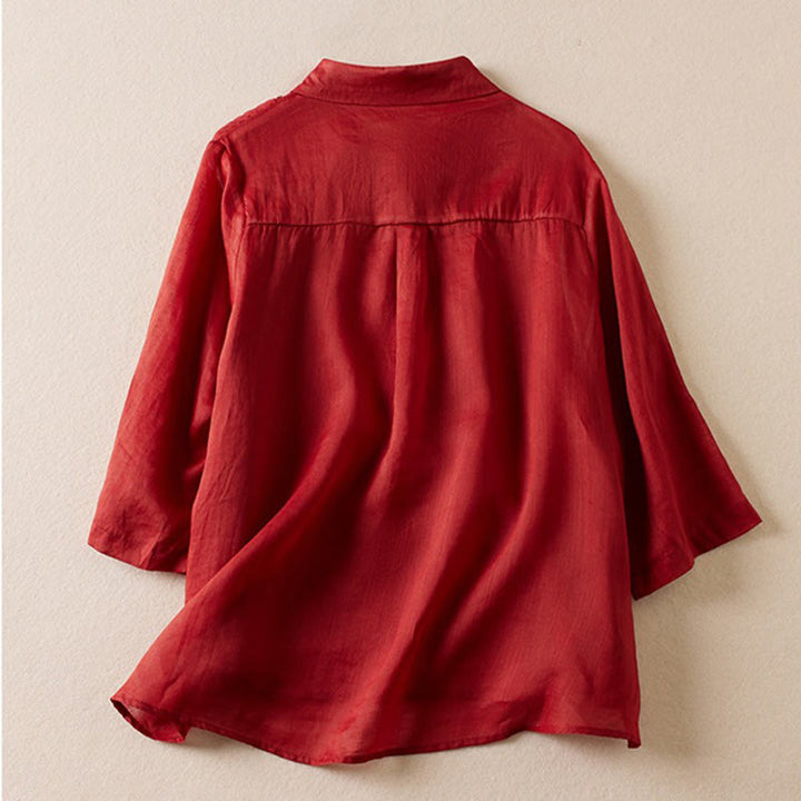 Chemise en coton et lin pour femme, style rétro uni, avec boutons et manches mi-longues, motif Buddha Stones - image 10