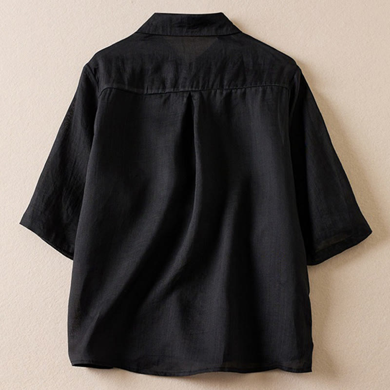 Chemise en coton et lin pour femme, style rétro uni, avec boutons et manches mi-longues, motif Buddha Stones - Noir - US12，UK/AU16，EU44 (2XL) - image 28