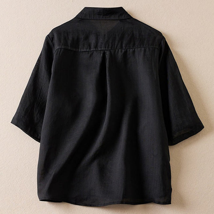 Chemise en coton et lin pour femme, style rétro uni, avec boutons et manches mi-longues, motif Buddha Stones - Noir - US12，UK/AU16，EU44 (2XL) - image 28