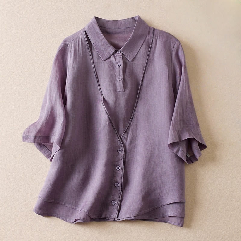 Chemise en coton et lin pour femme, style rétro uni, avec boutons et manches mi-longues, motif Buddha Stones - Orchidée moyenne - US12，UK/AU16，EU44 (2XL) - image 0