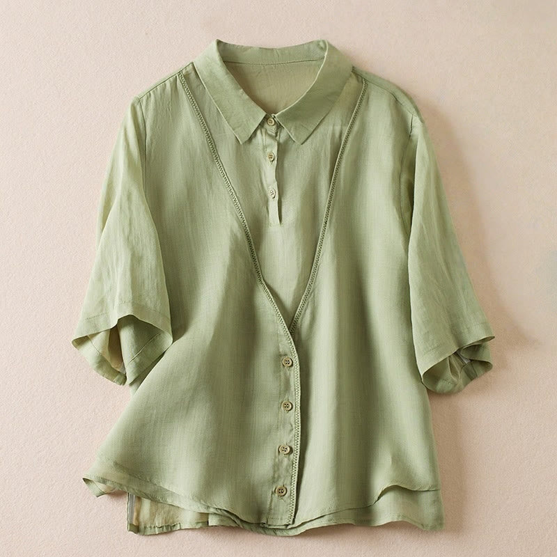 Chemise en coton et lin pour femme, style rétro uni, avec boutons et manches mi-longues, motif Buddha Stones - Vert clair - US12，UK/AU16，EU44 (2XL) - image 19