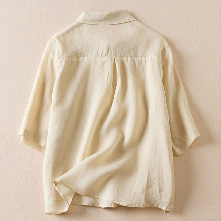 Chemise en coton et lin pour femme, style rétro uni, avec boutons et manches mi-longues, motif Buddha Stones - image 37