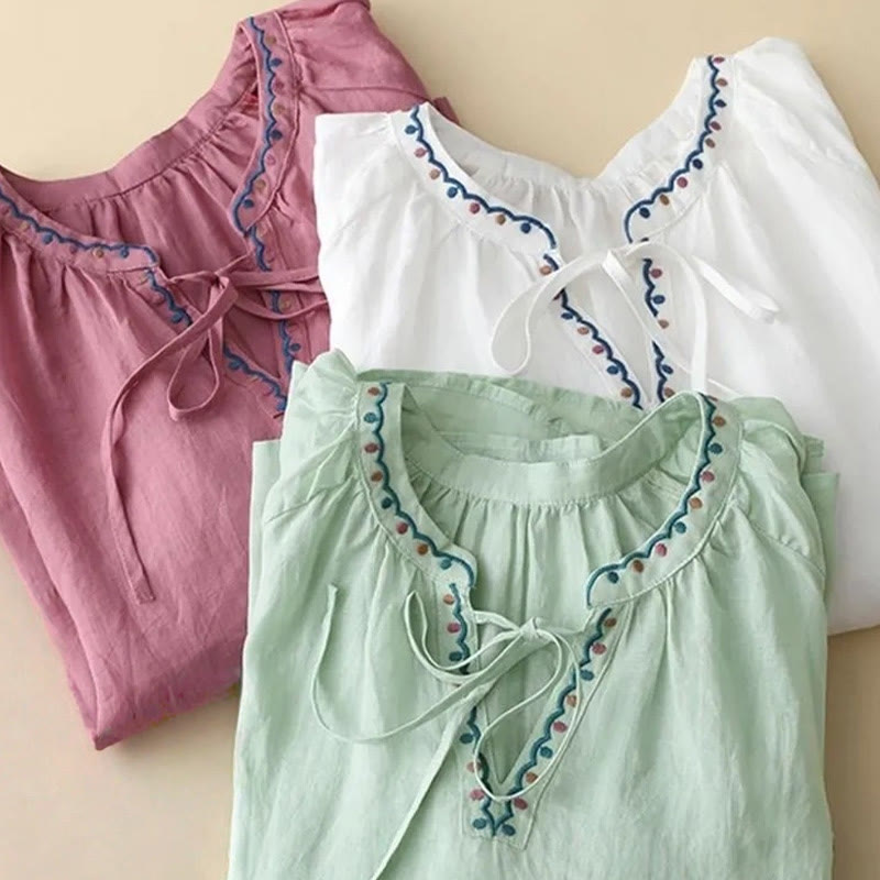 T-shirt d'été en coton et lin pour femme, brodé de Buddha Stones , manches trois-quarts lanterne - image 16