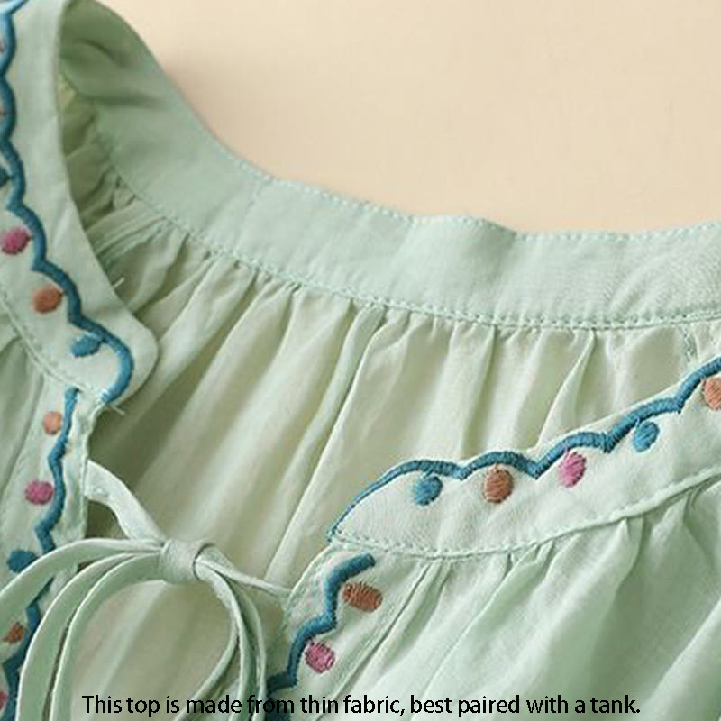 T-shirt d'été en coton et lin pour femme, brodé de Buddha Stones , manches trois-quarts lanterne - image 1