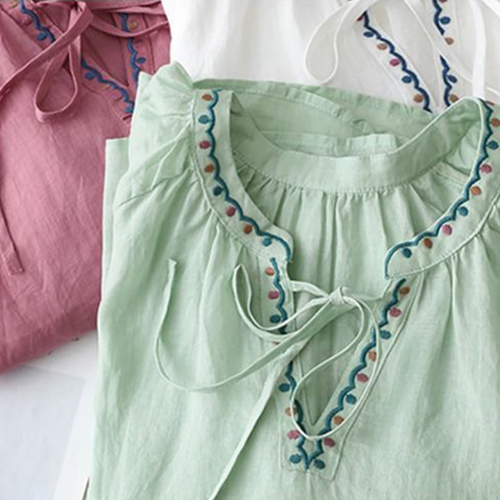 T-shirt d'été en coton et lin pour femme, brodé de Buddha Stones , manches trois-quarts lanterne - image 17