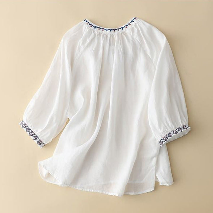 T-shirt d'été en coton et lin pour femme, brodé de Buddha Stones , manches trois-quarts lanterne - image 7