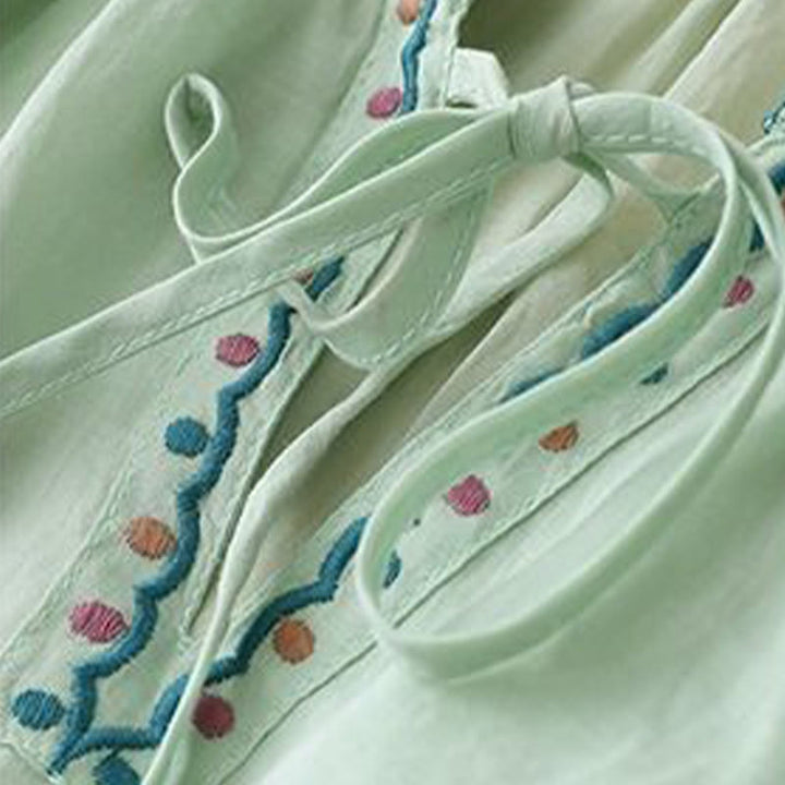 T-shirt d'été en coton et lin pour femme, brodé de Buddha Stones , manches trois-quarts lanterne - image 2