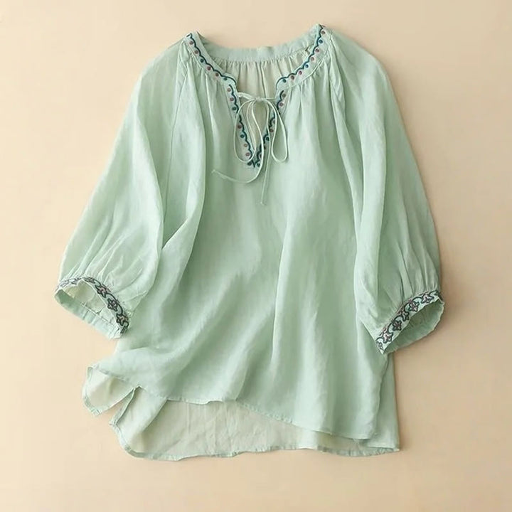 T-shirt d'été en coton et lin pour femme, brodé de Buddha Stones , manches trois-quarts lanterne - Bleu vert - US14，UK/AU18，EU46 (3XL) - image 0