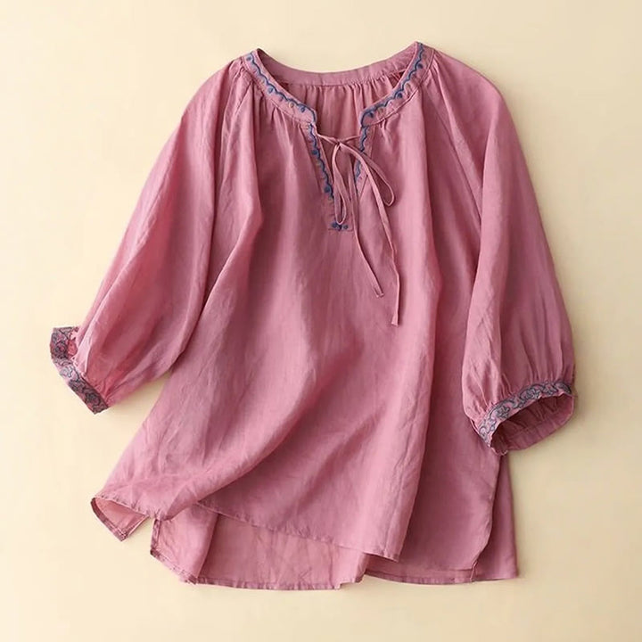 T-shirt d'été en coton et lin pour femme, brodé de Buddha Stones , manches trois-quarts lanterne - Violet pâle Rouge - US14，UK/AU18，EU46 (3XL) - image 12