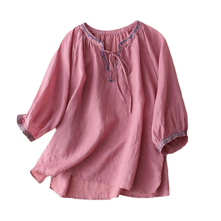 T-shirt d'été en coton et lin pour femme, brodé de Buddha Stones , manches trois-quarts lanterne - image 15