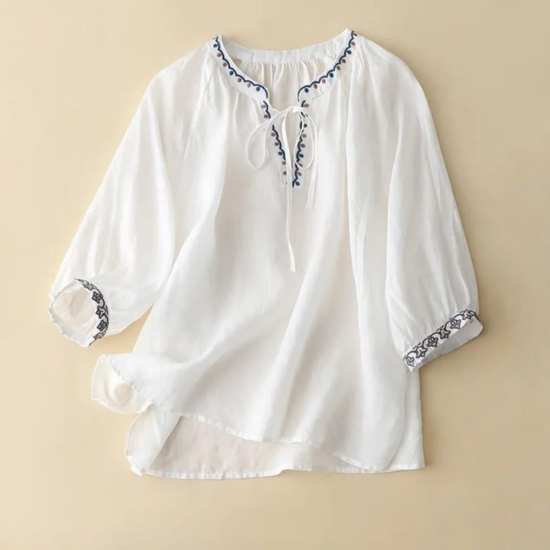 T-shirt d'été en coton et lin pour femme, brodé de Buddha Stones , manches trois-quarts lanterne - Blanc - US14，UK/AU18，EU46 (3XL) - image 4