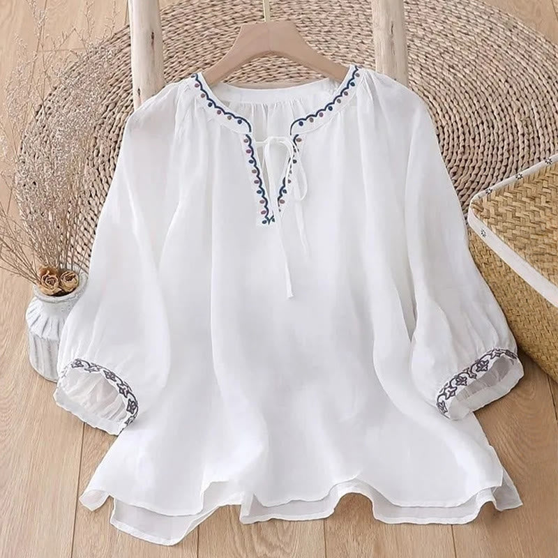 T-shirt d'été en coton et lin pour femme, brodé de Buddha Stones , manches trois-quarts lanterne - image 6