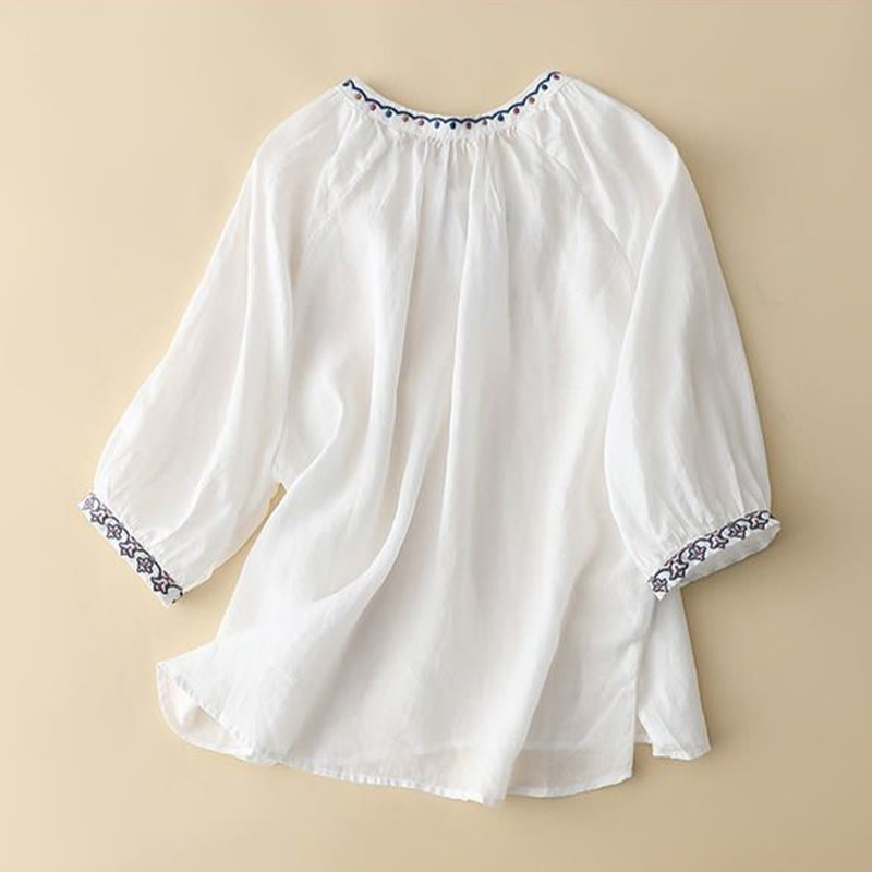 T-shirt d'été en coton et lin pour femme, brodé de Buddha Stones , manches trois-quarts lanterne - image 6