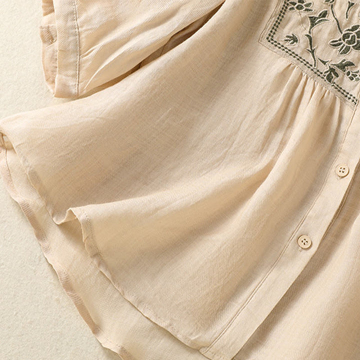 Chemise à manches trois-quarts en coton et lin pour femme, simple boutonnage, broderie de Buddha Stones - image 24