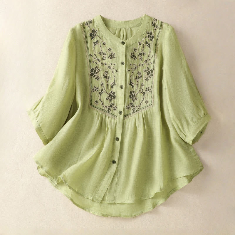 Chemise à manches trois-quarts en coton et lin pour femme, simple boutonnage, broderie de Buddha Stones - Vert clair - US12，UK/AU16，EU44 (2XL) - image 0