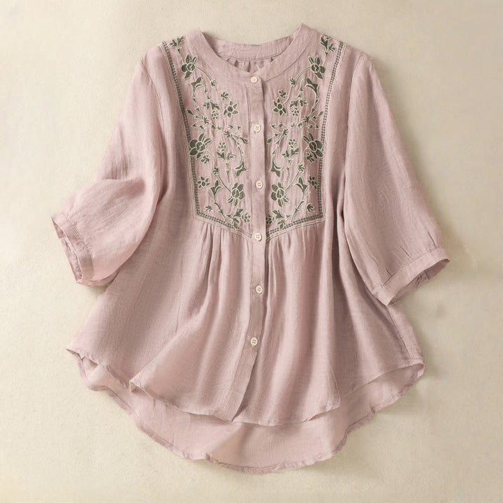 Chemise à manches trois-quarts en coton et lin pour femme, simple boutonnage, broderie de Buddha Stones - RosyBrown - US12，UK/AU16，EU44 (2XL) - image 10