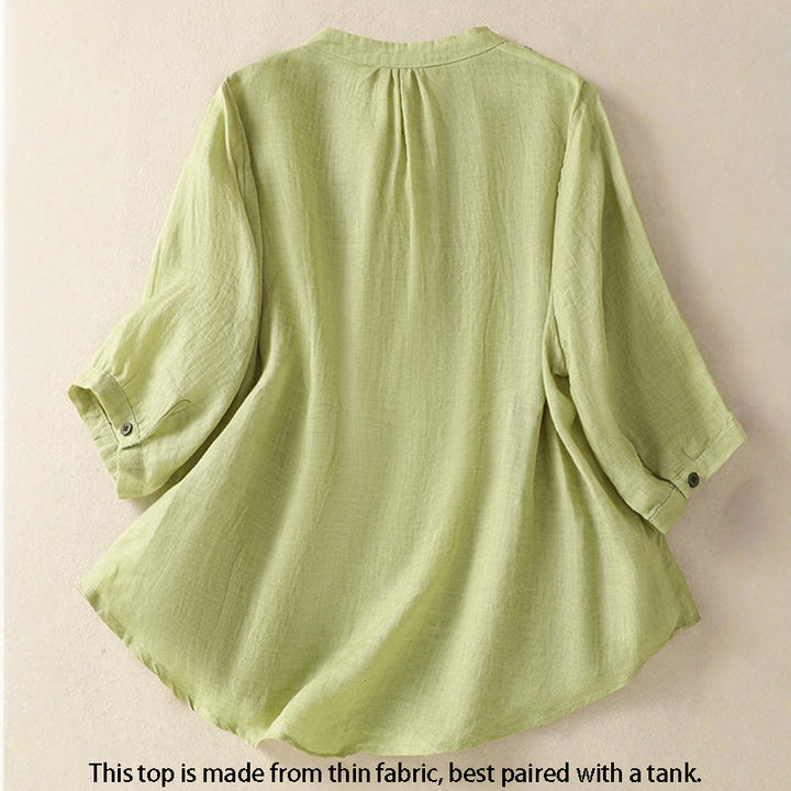 Chemise à manches trois-quarts en coton et lin pour femme, simple boutonnage, broderie de Buddha Stones - image 1