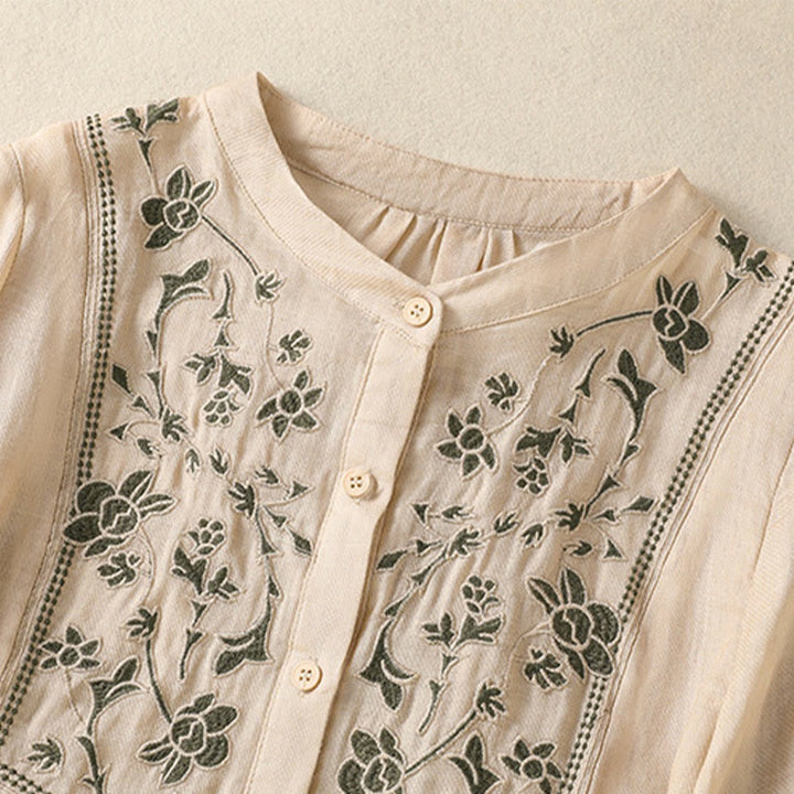 Chemise à manches trois-quarts en coton et lin pour femme, simple boutonnage, broderie de Buddha Stones - image 19