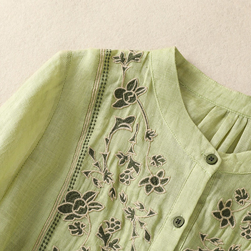 Chemise à manches trois-quarts en coton et lin pour femme, simple boutonnage, broderie de Buddha Stones - image 2