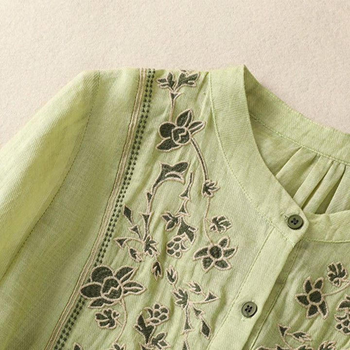 Chemise à manches trois-quarts en coton et lin pour femme, simple boutonnage, broderie de Buddha Stones - image 2