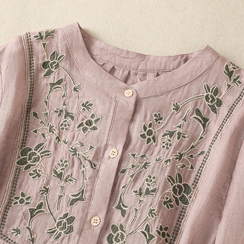 Chemise à manches trois-quarts en coton et lin pour femme, simple boutonnage, broderie de Buddha Stones - image 11