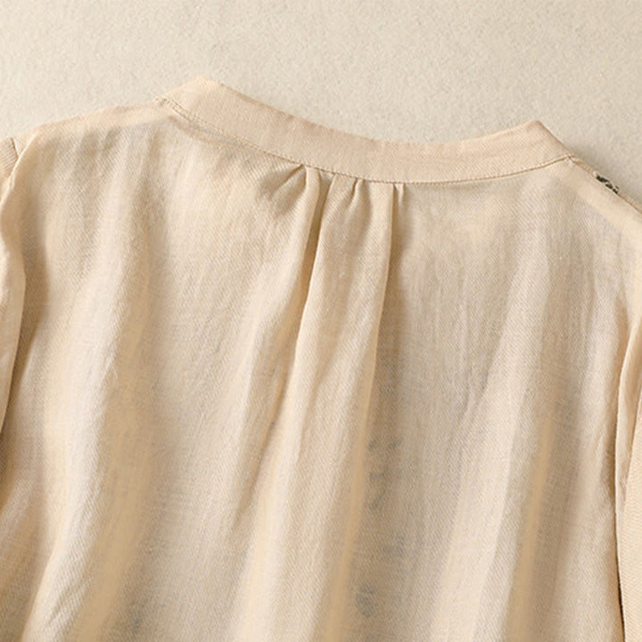 Chemise à manches trois-quarts en coton et lin pour femme, simple boutonnage, broderie de Buddha Stones - image 20