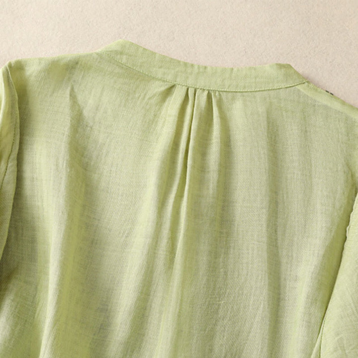 Chemise à manches trois-quarts en coton et lin pour femme, simple boutonnage, broderie de Buddha Stones - image 4