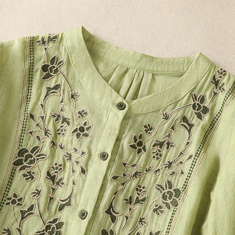 Chemise à manches trois-quarts en coton et lin pour femme, simple boutonnage, broderie de Buddha Stones - image 3