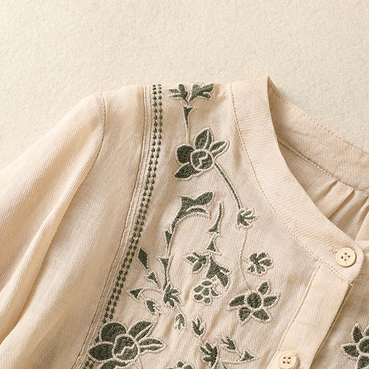 Chemise à manches trois-quarts en coton et lin pour femme, simple boutonnage, broderie de Buddha Stones - image 21