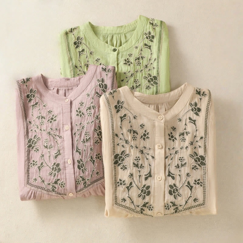 Chemise à manches trois-quarts en coton et lin pour femme, simple boutonnage, broderie de Buddha Stones - image 26