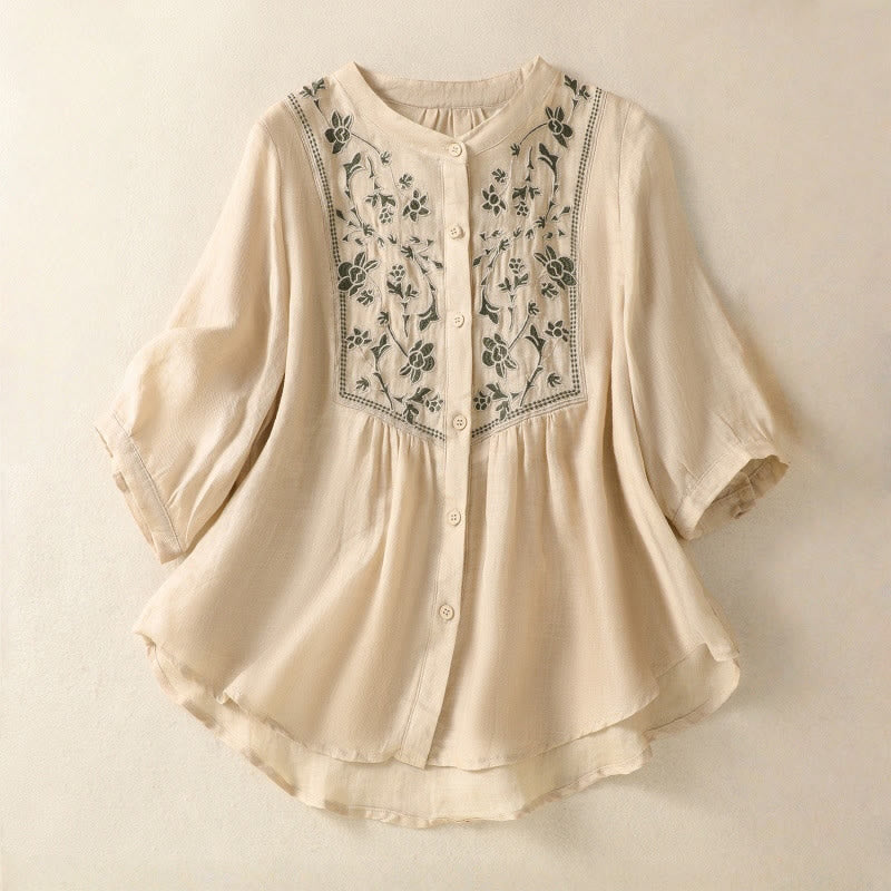 Chemise à manches trois-quarts en coton et lin pour femme, simple boutonnage, broderie de Buddha Stones - Verge d'or pâle - US12，UK/AU16，EU44 (2XL) - image 18