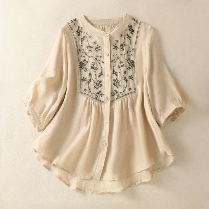 Chemise à manches trois-quarts en coton et lin pour femme, simple boutonnage, broderie de Buddha Stones - Verge d'or pâle - US12，UK/AU16，EU44 (2XL) - image 18