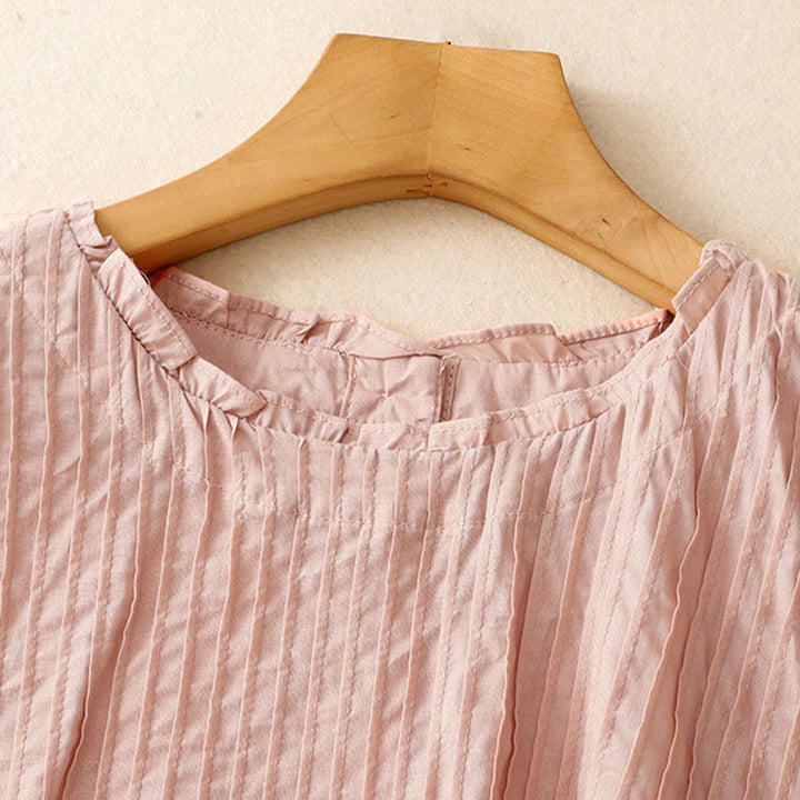 Chemise à manches courtes en coton pour femme, motif Buddha Stones , couleur pure, à volants et plissés - image 2