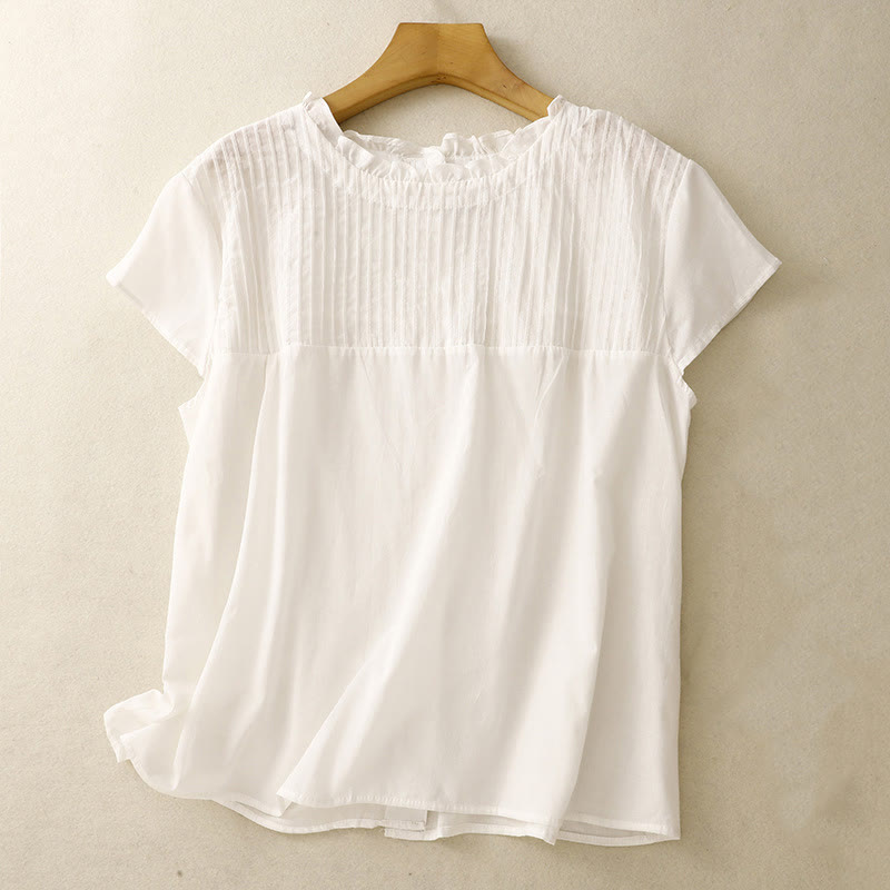 Chemise à manches courtes en coton pour femme, motif Buddha Stones , couleur pure, à volants et plissés - Blanc - US12，UK/AU16，EU44 (2XL) - image 12