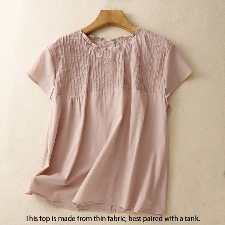 Chemise à manches courtes en coton pour femme, motif Buddha Stones , couleur pure, à volants et plissés - image 1