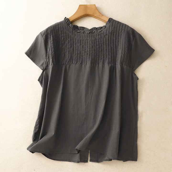 Chemise à manches courtes en coton pour femme, motif Buddha Stones , couleur pure, à volants et plissés - Gris ardoise foncé - US12，UK/AU16，EU44 (2XL) - image 7