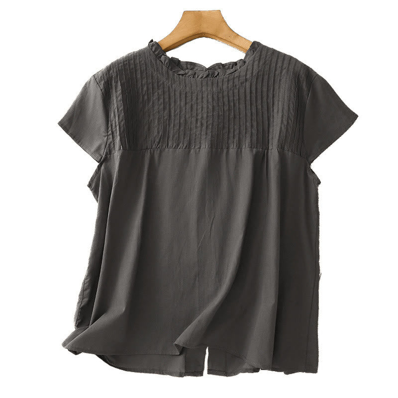 Chemise à manches courtes pour femme, motif plissé à volants, couleur unie, motif Buddha Stones, été - image 9