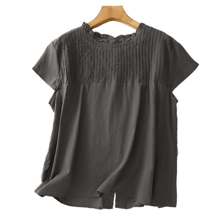 Chemise à manches courtes en coton pour femme, motif Buddha Stones , couleur pure, à volants et plissés - image 9