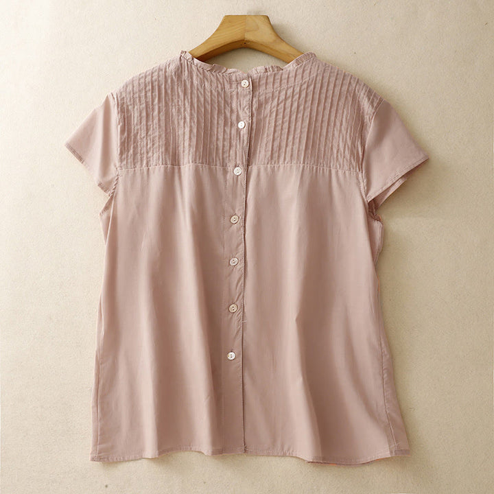 Chemise à manches courtes en coton pour femme, motif Buddha Stones , couleur pure, à volants et plissés - Saumon foncé - US12，UK/AU16，EU44 (2XL) - image 1